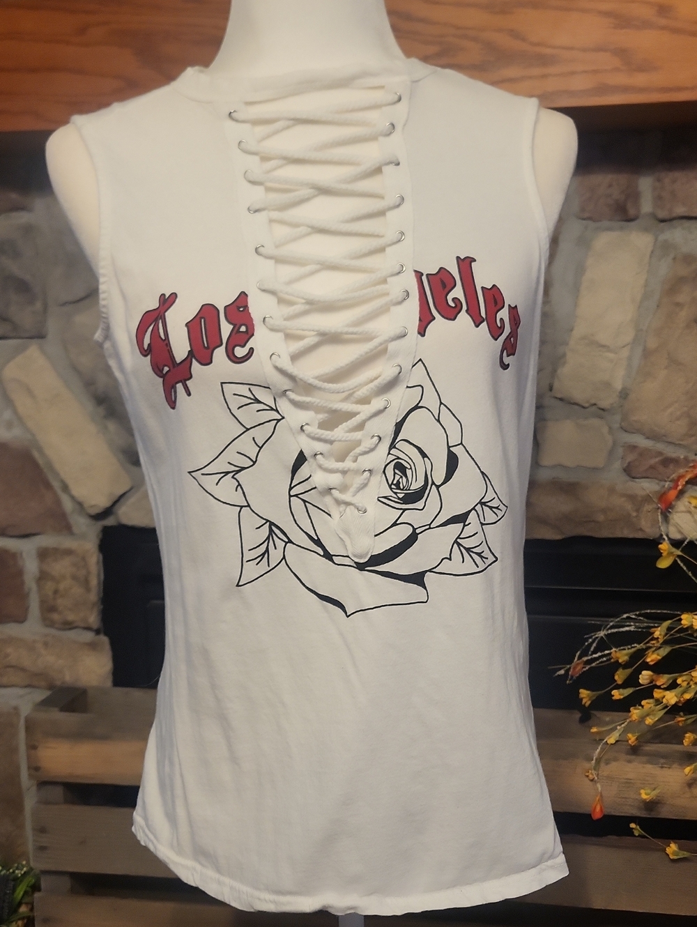 Rue21 White Lace-Up Tank with Black Rose and Red Script